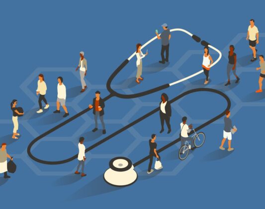 A bustling crowd of 18 people pass by an oversized stethoscope to illustrate the medical field of Public Health. Some walk, jog, or ride past while others stand as if they are out in public. Conceptual vector illustration presented in isometric view over a blue background on a 16x9 artboard. Colors include warm off-white, gray, turquoise/teal, and magenta